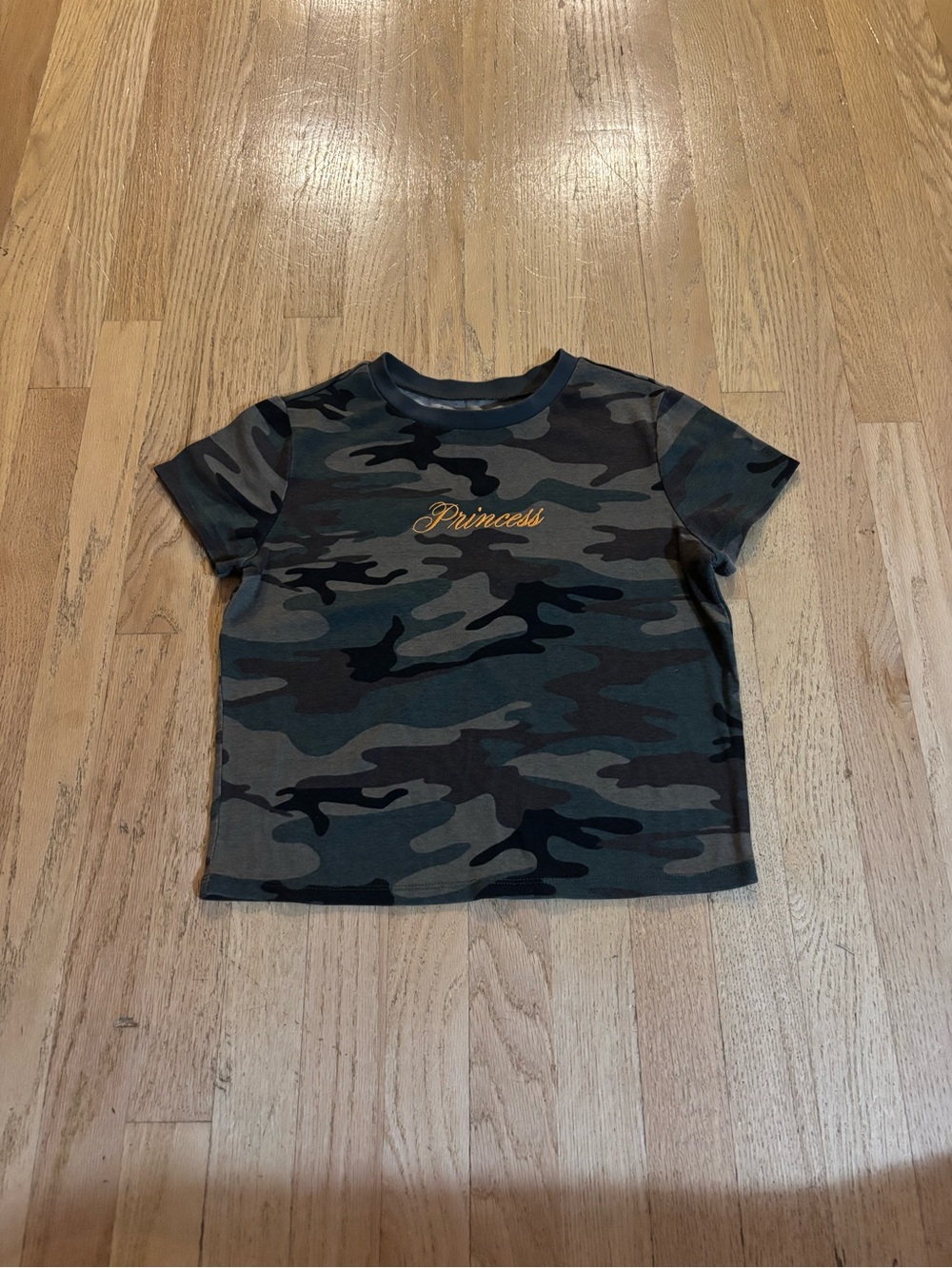 Camo 'Princess' Short Sleeve Cropped Tee - Olive/Black with Orange “Princess”
